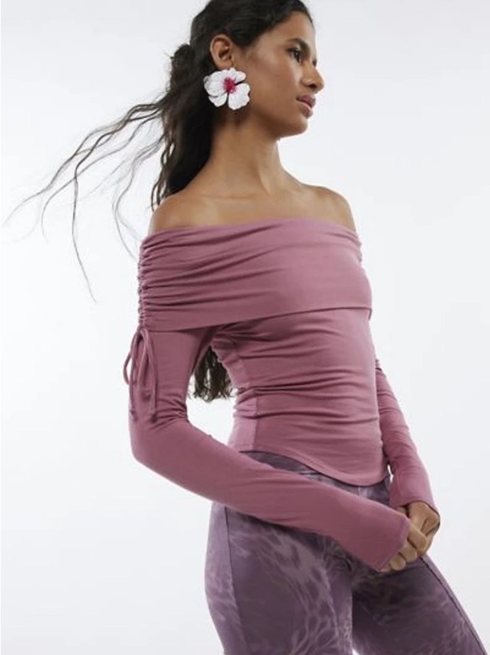 Off-Shoulder Ruched Long-Sleeve Top - Dusty Rose